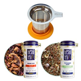 Tiesta Tea - Holiday Cheer Tea Gift Set | Fireside Spice & Peppermint Cocoa Loose Leaf Holiday Tea Blends with Infuser | Non Caffeinated Tea - Stainless Steel Brewbasket & 2 Refillable Tin Combo