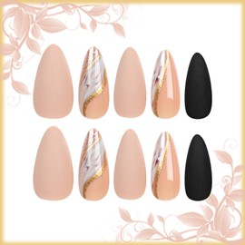 24-Piece Marble Press-On Nails, Curve Line Design, Glossy Brown Glitter, Sparkly Gold River Manicure Art, Almond Shaped, False Nails