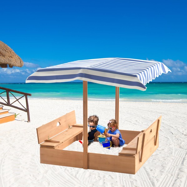 GOLASON Wood Sandbox with Canopy for Aged 3-8 Years Old, Sand Box with Cover Retractable Roof for Backyard Garden, Sand Pit with 2 Foldable Bench Seats for Patio Outdoor, Blue