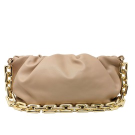 Prime Original Women's Chain Pouch Bag | Cloud-Shaped Dumpling Clutch Purse | Ruched Chain Shoulder Handbag (Beige)