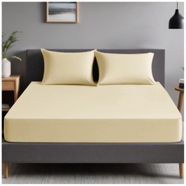 Plain Dyed Bedding Fitted Bedsheets, Soft & Comfy Double Bed Sheet, Breathable Non Iron Percale Sheets, Cream
