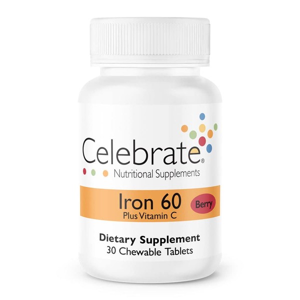 Celebrate Vitamins Iron with Vitamin C Chewables, 60 mg Iron, Berry, Bariatric Vitamins for WLS Patients including Sleeve Gastrectomy and Gastric Bypass Surgery, 30 count, 1 month supply