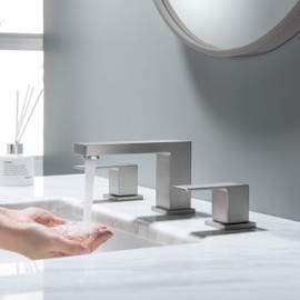 KIBI 2-Handle Cube Faucet for Bathroom Sink with Drain Assembly | 3-Hole Bathroom Faucet | Solid Brass 8 inch Wide Spread Lavatory Faucet (Brushed Nickel) (KBF1024)