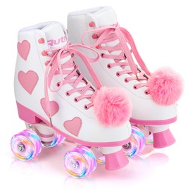 Ruthfot Women's and Girl's Classic Roller Skates with Light up Wheels and Love Heart Pattern, High-top PU Leather Rollerskates…