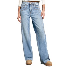 Sidefeel Women's Wide Leg Jeans High Waisted Stretchy Straight Leg Jeans Trendy Loose Fit Denim Pants Iceland Blue Size 4