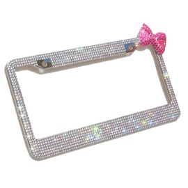 Carfond Pure Handmade 1000pcs 8 Facets Waterproof Bling Bling Rhinestones Stainless Steel License Plate Frame Bonus Matching Screws Caps (Clear/hotpink bowknot)