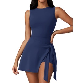 Dokuritu Golf Dress for Women Sleeveless High Neck Athletic Tennis Workout Romper U-Shaped Back Knot Mini Skort Dresses Navy Blue