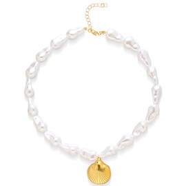 Gold Starfish Necklace for Women Chunky Baroque Pearl Shell Pendant Necklace Big Pearl Seashell starfish Necklaces Summer Jewelry Gifts for Women (Shell)