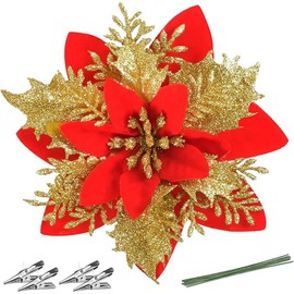 Vokupoga Christmas Poinsettia Artificial Flowers Decorations 5.5" Christmas Tree Wreaths Decoration 12 Pcs Glitter Poinsettia Flowers Picks Decor for Xmas New Year Wedding Party Ornaments (Red Gold)