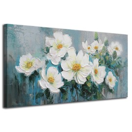 Ardemy White Flowers Wall Art Canvas Magnolia Teal Floral 3D Thick Textured Picture Gold Turquoise Blue Painting Artwork Framed for Living Room Bedroom Bathroom Home Office Wall Decor, Large 48"x24"