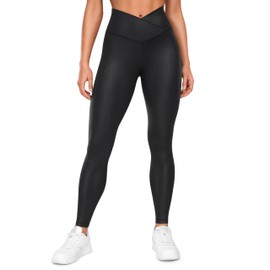 CRZ YOGA Womens Butterluxe Matte Faux Leather Cross Waist Leggings 28" - V Crossover High Waisted Lounge Leggings Black Classic Medium
