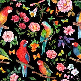 VaryFloral 24"x118" Parrot Bird Wallpaper Peel and Stick Black Floral Wallpaper Removable Colorful Botanical Peony Flower Wall Paper for Living Room Decorative Bird Floral Contact Paper for Cabinet