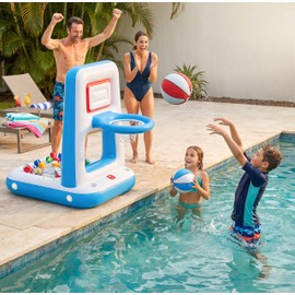 QPAU Pool Basketball Hoop with Built-in Cooler, 42" Poolside & Floating Inflatable Basketball Hoop for Family Pool Party — Swimming Pool Games for Kids & Adults, Includes 2 Balls & Pumps (Blue)