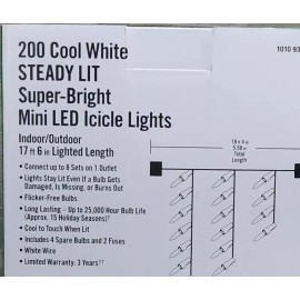 Home Accents Holiday 200 Ct Cool White Steady Lit Mini LED Icicle Lights 17.5 Ft