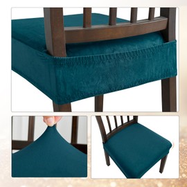 KELUINA Dining Chair Seat Covers Set of 4, Stretch Velvet Chair Seat Slipcovers Protector, Removable Washable Kitchen Chair Covers for Dining Room Chairs (Set of 4, Teal)