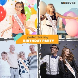 CORRURE 'It's My Birthday' Sash with Rose Gold Foil - Soft Satin White Birthday Sash for Women - Party Favors Supplies and Decorations for Sweet 16, 18th 21st 30th 40th or Any Happy Bday Party