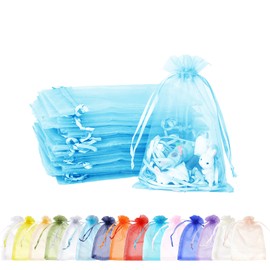 Pack of 100 Sea Blue Organza Bags, 7 x 9 cm, Small Gift Bags, Organza Bags with Drawstring, Wedding Candy Bags, Jewellery Bags, Christmas Gifts, Birthday Party