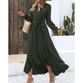 BTFBM Long Sleeve Maxi Dresses for Women V Neck Swiss Dot Boho Flowy Slit Cocktail Wedding Guest Dress Fall Clothes 2025(Army Green, X-Large)