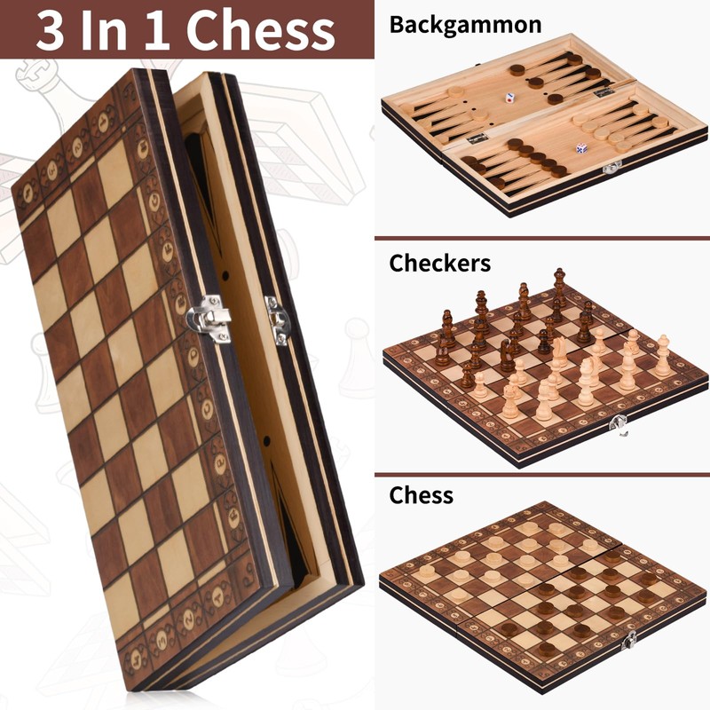 Wooden Chess Game, 3-in-1 Magnetic Chess Game, Chess Board Set,