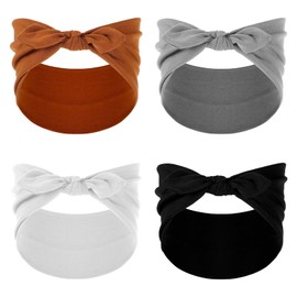 Josojoou 4PCS Bow Wide Headbands for Women, Bow Elastic Headbands for Women, Knotted Headband, Head Bands for Women's Hair Non Slip(Gray, Black, Brown, White)
