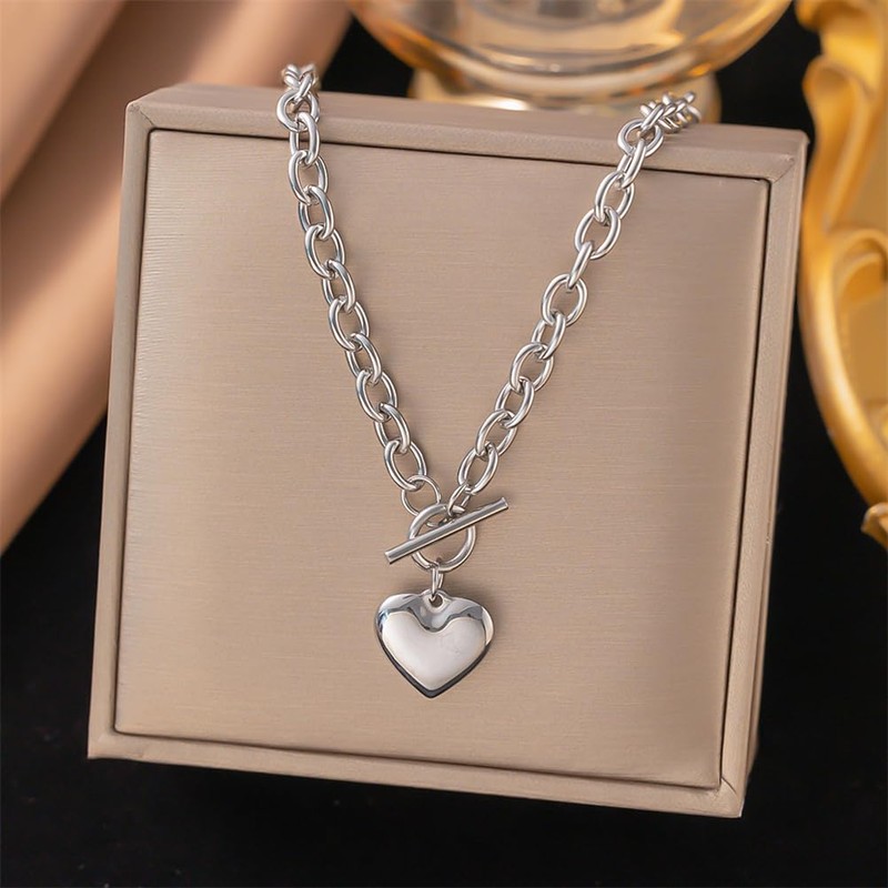 ALRNBY Silver Necklaces for Women Chunky Heart Necklace Gold/Silver Dainty