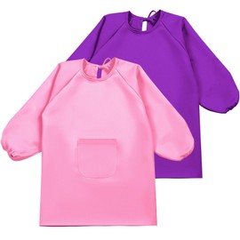 Geyoga 2 Pcs Kids Art Smock Painting Waterproof Toddler Artist Full Cover Long Sleeve Apron with Pocket for School Class, Age 3-8 (Pink,Purple)
