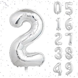 32 In Silver Large Numbers Balloons 0-9, Self Inflating Number 2 Balloons for Boys Girls, Big Silver Digit 2 Balloons for Women Men Birthday Party Anniversary Wedding Supplies Decorations