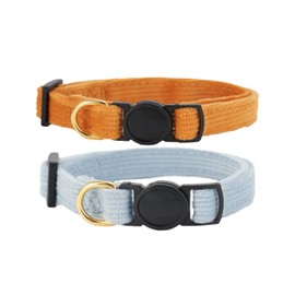 Petiry 2 Pack Soft Corduroy Cat Collar, Plaid Pattern, with Bell and Bowtie, Safety Breakaway Clasp, Adjustable for and Cats.(Adult Cat, Orange+Blue)