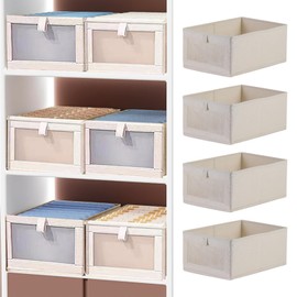 4 Pack Linen Closet Organizer, Clothing Organizer with Clear Window for Organizing Clothes, Jeans and Books(COLOR:Beige)