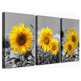 Sunflower Wall Art for Living Room Black White Flowers Wall Decor Yellow Floral Canvas Prints Painting Wood Frame with Hook Decorative Botanical Blossom Picture Artwork in 3 Panels 12×16 Inches