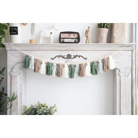 Decocove Tassel Garland - Boho Tassel Garland with Wood Beads - Wall Decor for Dorm, Girls Room and Nursery Room - Olive Green (43 inch)