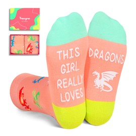 HAPPYPOP Crazy Dragon Gifts for Girls Kids; Silly Kids Girls Socks Dragon Girl Socks Dragon Stuff, Kids Socks for Girls 7-9 Years Old