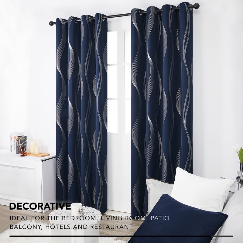Deconovo Blackout Grommet Silver Curved Wave Pattern Printed Curtains, Navy