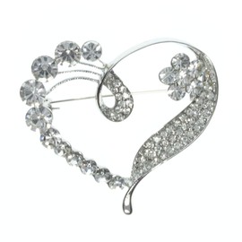 Crystal Diamante Heart Brooch Love Bridal Wedding Pin Jewellery (Silver)