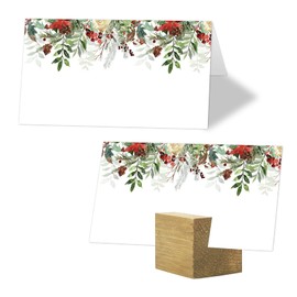 Whaline 100 Pcs Christmas Place Card 3.5 x 2 Inch Watercolor Berry Pinecone Poinsettia Blank Tented Card Seating Name Card for Xmas Winter Party Table Setting Supplies
