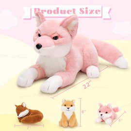 BENINY 4Pcs Fox Stuffed Animal Set, Large Mommy Pink Fox Plush 22 Inch with 3 Baby Foxes in Her Zippered Tummy, Stuffed Fox Plushie Toy for Girls and Kids