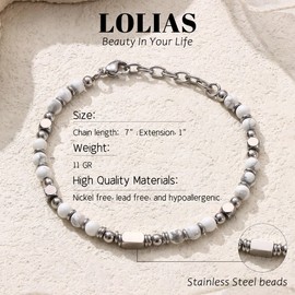 LOLIAS Silver Bracelet for Women Stainless Steel Beaded Bracelets White Turquoise Stone Anxiety Bracelets Womens Friendship Bracelet Birthday Gifts Jewellery 4MM
