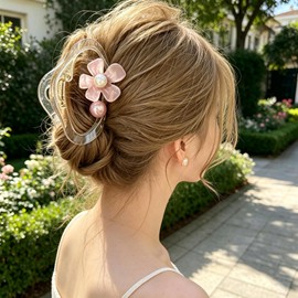 Hair Claw Clip Transparent Brown Pink Flower Pearl Hair Grip Medium Floral Shark Hair Clip for Women Elegant Non Slip Hair Clamp Daily Office Picnic Casual Hair Accessories