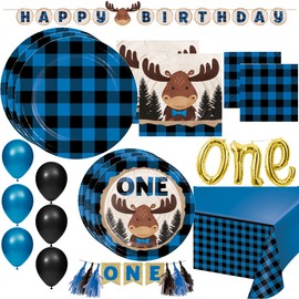 Party Creations Kids' 1st Birthday Blue Black Buffalo Plaid Supplies Pack | Wild One Moose Tableware Includes Disposable Plates, Napkins, Table Cover and Animal Decorations for 24 Guests (128 Pieces)