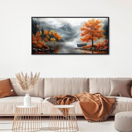 JEAWA Framed Canvas Wall Art - 20x40 IN Landscape Painting Decor Ready to Hang, Majestic Mountain Picture, Orange Trees by the Lake Art Prints for Bedroom Bathroom Home Decoration