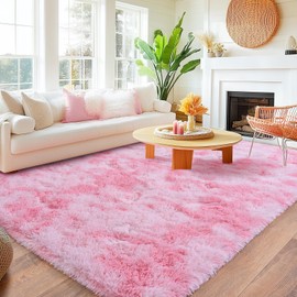 Quntue Rugs for Bedroom, Ultra Fluffy Fuzzy Shag 5x7 Area Rug for Living Room, Modern Plush Soft Upgrade Non-Slip Carpet for Kids Girls and Boys, Dorms, Nursery, Home Decor, Tie-Dyed Pink