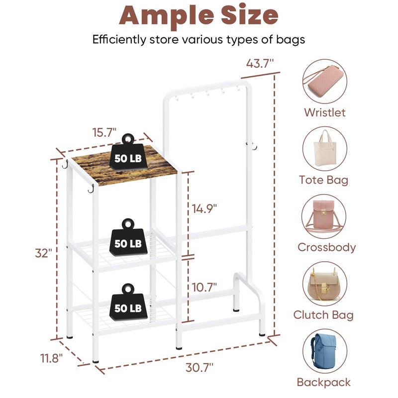 Whoonba Floor-Standing 3-Tier Purse Organizer, High-Capacity Bag Holder with 8