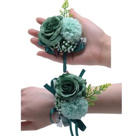 OUKEYI 2PCS Rose Flower Wrist Corsage Boutonniere Set,Boutonniere for Men Wedding White Rose Corsage Wristlet for Women Bride Bridesmaid Wrist Corsagefor Wedding Party Prom Decorations (Dark Green)
