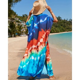 Bsubseach Kaftan Dresses for Women Plus Size Tie Dye Batwing Sleeve Caftans Swimsuit Coverup Maxi Dress Loungewear Blue Orange