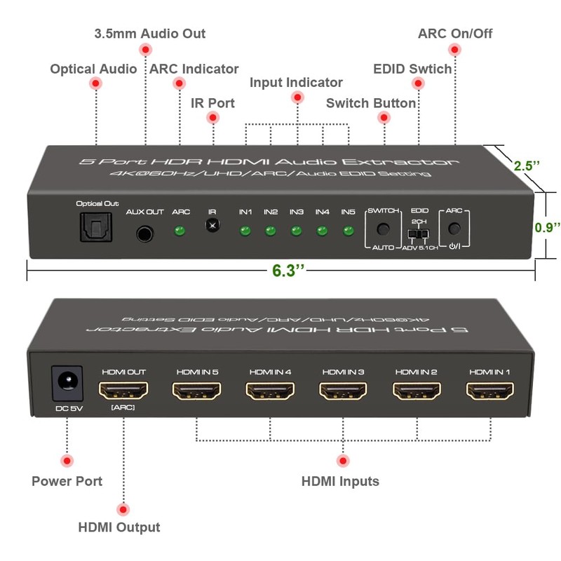 SkycropHD 4K@60Hz HDMI Switch Audio Extractor Converter, 5 in 1