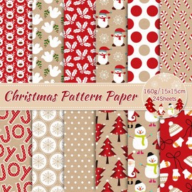 Whaline 24 Sheets Christmas Pattern Paper Santa Reindeer Snowman Scrapbook Specialty Paper Double Sided Kraft Red Craft Paper For Xmas DIY Card Making Photo Album Decor, 6 x 6 Inch
