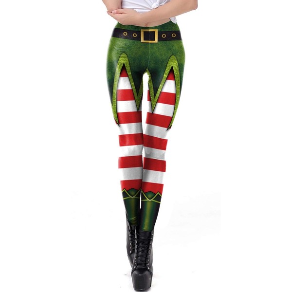 Women's Striped Leggings Gnome Christmas Elf Christmas Motif Print, Green/Red/White
