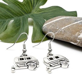 Caravan Charm Earrings, Tibetan Silver Charms on Nickel Free Silver Tone Hooks : 34mm long, Gift for Women, Travel Lover Jewellery, Car Holiday Drop Earrings