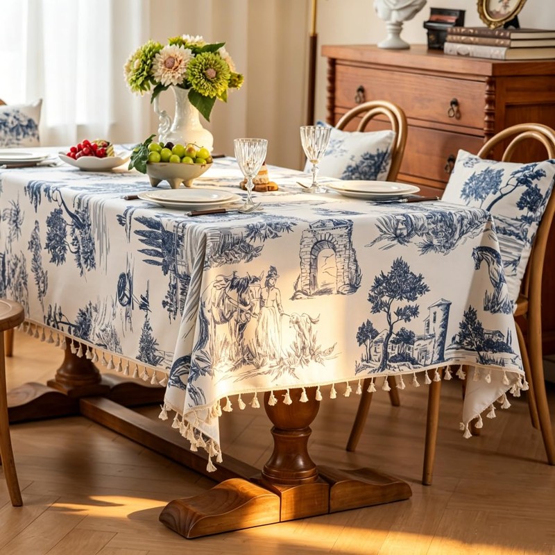 Retro Blue White Toile De Jouy Printed Rectangular Tablecloth, Premium