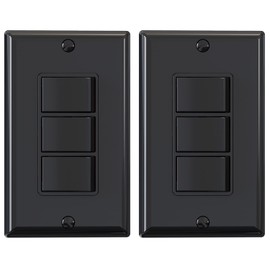 ELEGRP Decorator Triple Rocker Light Switch, Electrical Three Single Pole Paddle, 15A, 120V, in-Wall On/Off, Self-grounding, Wall Plate Included, UL Listed (2 Pack, Glossy Black)